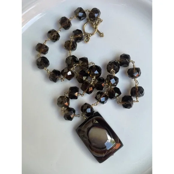 Agate Pendant Necklace Women Brown Smoky Beaded Toggle Clasp Statement - Picture 2 of 8